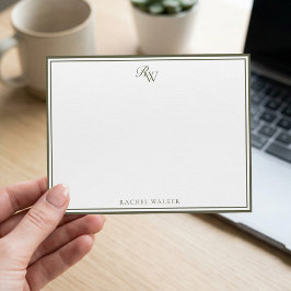 Elegant Olivgrön Monogram Två Kantlinjer Anteckningskort