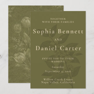 Elegant Olivgrön Tulpan Botanisk Bröllop Inbjudningar