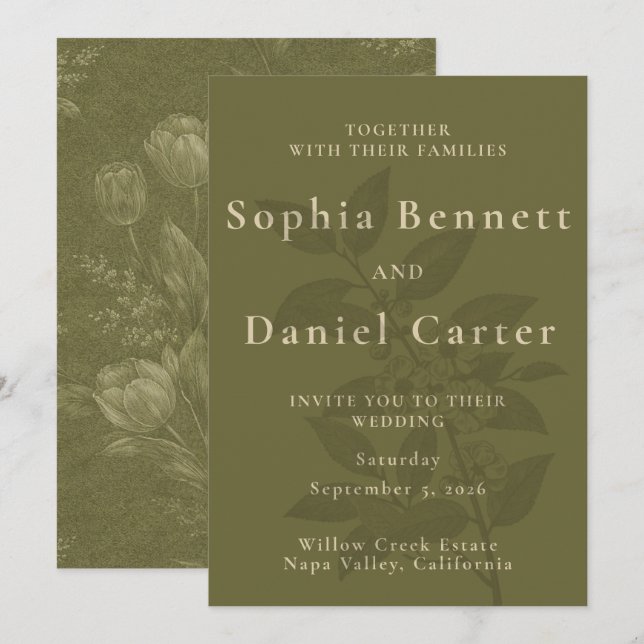 Elegant Olivgrön Tulpan Botanisk Bröllop Inbjudningar (Fram/baksida)