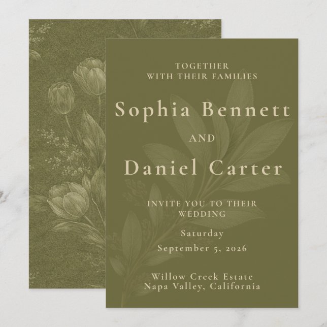 Elegant Olivgrön Tulpan Botanisk Bröllop Inbjudningar (Fram/baksida)