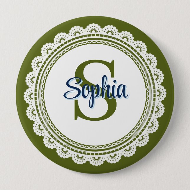 Elegant Olivgrön Vintage Spets Monogram Namn Knapp (Framsida)