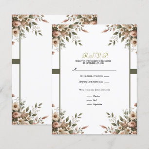 Elegant Olivgrön & Vit Blommig Hörnkort RSVP Inbjudningar