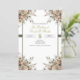 Elegant Olivgrön & Vit Blommig Hörnvig Wedding Inbjudningar