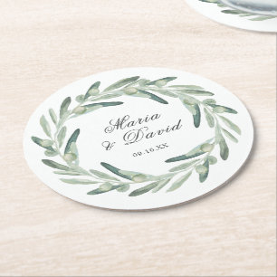 Elegant olivkvistskrans Grönska Bröllopsfavor Underlägg Papper Rund