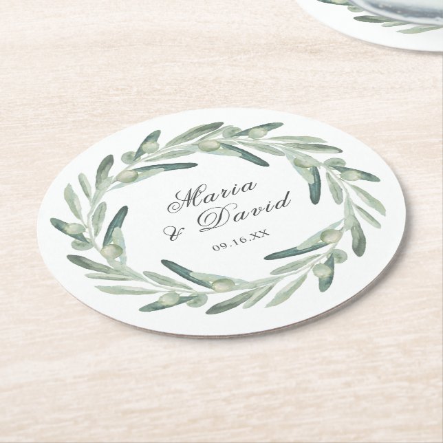 Elegant olivkvistskrans Grönska Bröllopspresent Underlägg Papper Rund (Vinklad)