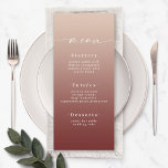 Elegant Ombre Champagne & Cinnamon Red Bröllop Meny<br><div class="desc">Elegant Ombre Champagne & Cinnamon Red Wedding Menus. Det här moderna menykortet för Chic är enkelt klassiskt och elegant med en subtil toningstoning och en söt namnteckning skriptcalligrafteckensnitt med svan. Visas i den nya Colorway. Finns i flera alternativ för färg eller kan redigera färger i redigeraren (klicka på anpassa ytterligare...</div>