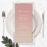Elegant Ombre Dusty Ro Rosa & Champagne Bröllop Meny<br><div class="desc">Elegant Ombre Dusty Ro Rosa & Champagne Wedding Reception Dinner Menus. Det här moderna menykortet för chic är enkelt klassiskt och elegant med en subtil toningstoning och en söt namnteckning skriptcalligrafteckensnitt med svan. Visas i den nya Colorway. Finns i flera alternativ för färg eller kan redigera färger i redigeraren (klicka...</div>