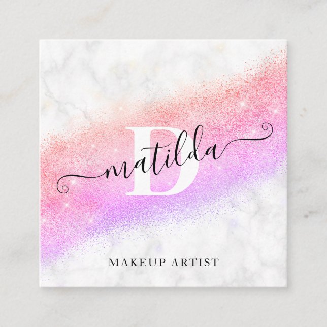 Elegant ombre lila glitter marble makeup artist fyrkantigt visitkort (Framsida)