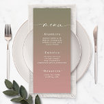 Elegant Ombre Lily Grönt & Dusty Ro Rosa Bröllop Meny<br><div class="desc">Elegant Ombre Lily Grönt & Dusty Ro Rosa Wedding Reception Dinner Menus. Det här moderna menykortet för chic är enkelt klassiskt och elegant med en subtil toningstoning och en söt namnteckning skriptcalligrafteckensnitt med svan. Visas i den nya Colorway. Finns i flera alternativ för färg eller kan redigera färger i redigeraren...</div>
