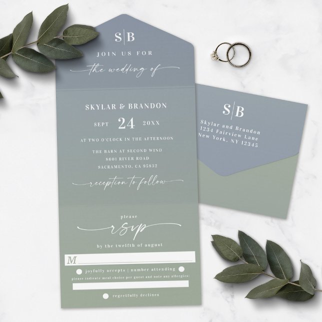 Elegant Ombre Monogram Dusty Blue & Grönt Bröllop (Skapare uppladdad)