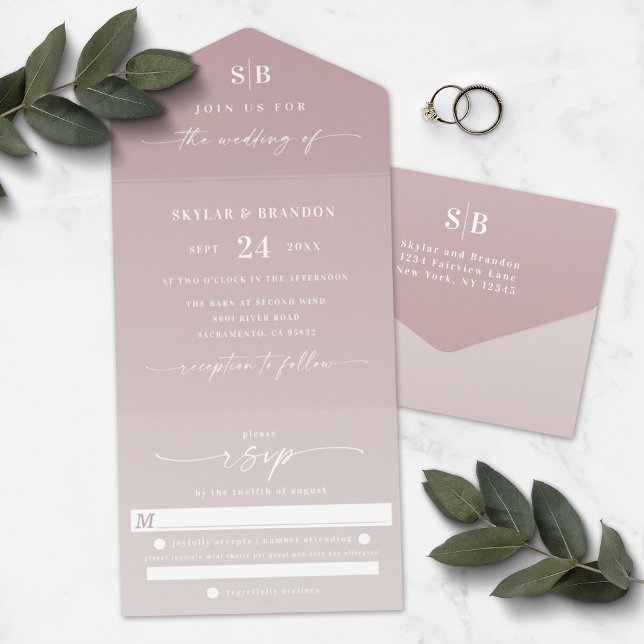 Elegant Ombre Monogram Dusty Mauve & Ivory Bröllop (Skapare uppladdad)