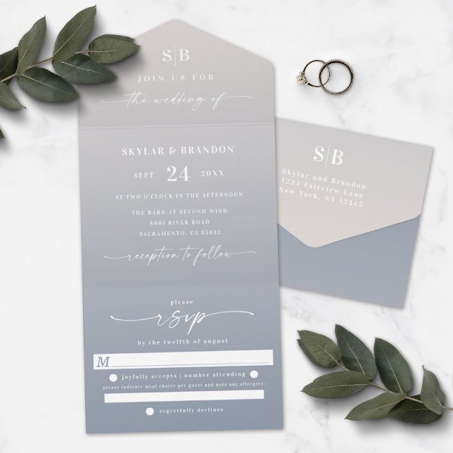 Elegant Ombre Monogram Ivory & Dusty Blue Bröllop (Skapare uppladdad)