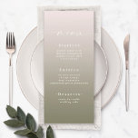 Elegant Ombre Powder Rosa & Lily Grönt Bröllop Meny<br><div class="desc">Elegant Ombre Powder Rosa & Lily Grönt Wedding Menus. Det här moderna menykortet för chic är enkelt klassiskt och elegant med en subtil toningstoning och en söt namnteckning skriptcalligrafteckensnitt med svan. Visas i den nya Colorway. Finns i flera alternativ för färg eller kan redigera färger i redigeraren (klicka på anpassa...</div>
