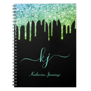 Elegant Ombre Teal Glitter Drives Monogram-skript Anteckningsbok