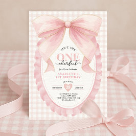 Elegant ONEderful Rosa Bow Girl 1st Birthday Inbjudningar