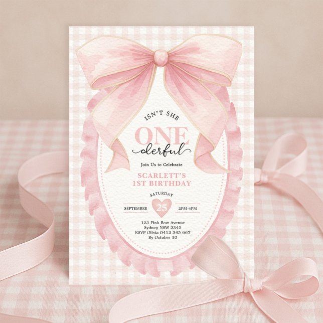 Elegant ONEderful Rosa Bow Girl 1st Birthday Inbjudningar (Skapare uppladdad)