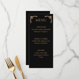 Elegant Onyx Black and Gold Flourish Wedding Menu Meny