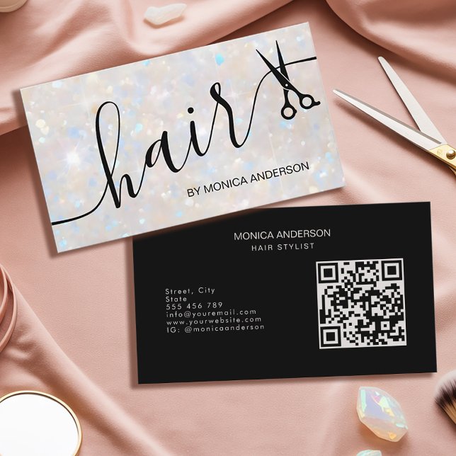 Elegant Opal Glitter Hår Script Sax QR-kod Visitkort (Elegant Opal Glitter Hair Script Scissors QR Code Business Card)