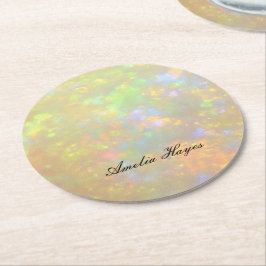 Elegant Opal Stone Texture Modern Script Custom Underlägg Papper Rund