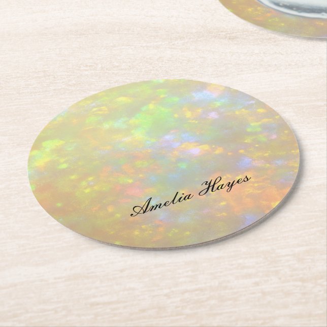 Elegant Opal Stone Texture Modern Script Custom Underlägg Papper Rund (Vinklad)
