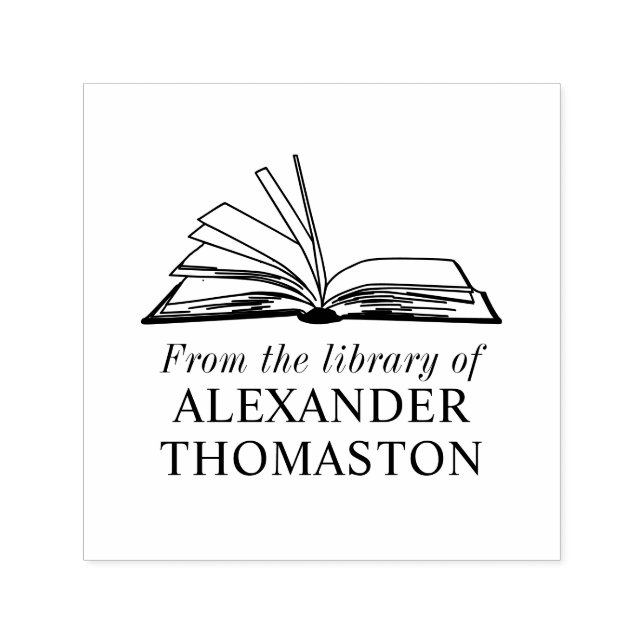 Elegant öppen bok “Från bibliotek av” Namn Självfärgande Stämpel (Design)