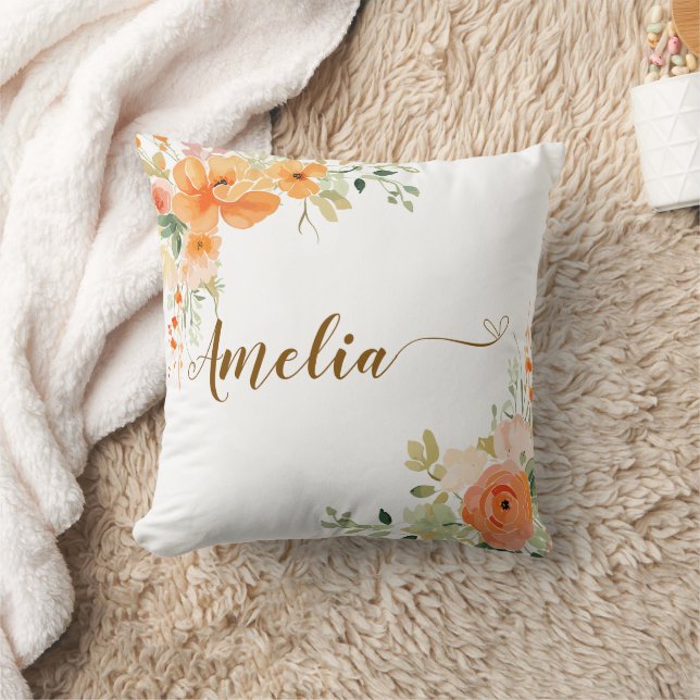 Elegant Orange Blommigt Baby Shower Dekorativ kudd Kudde (Filt)
