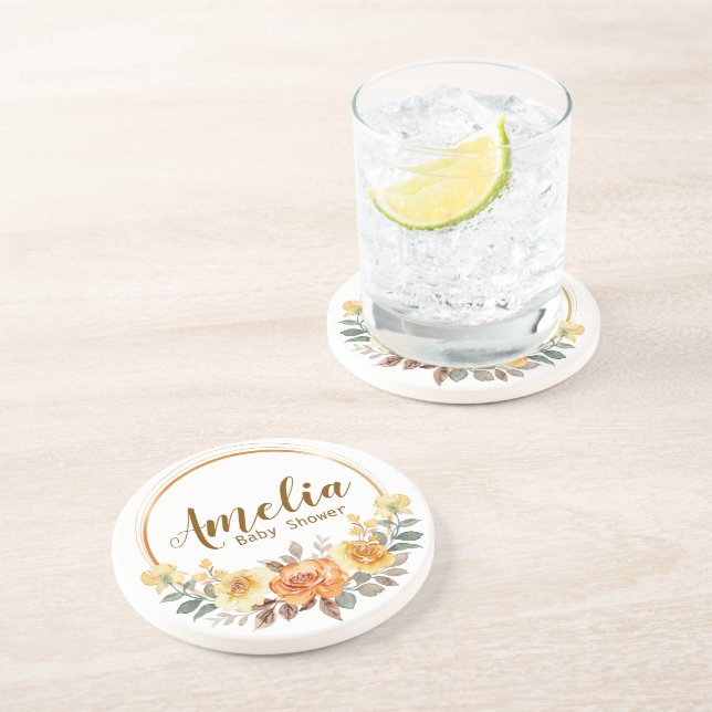 Elegant Orange Blommigt Baby Shower Sandstone Coas Underlägg (Sidan)