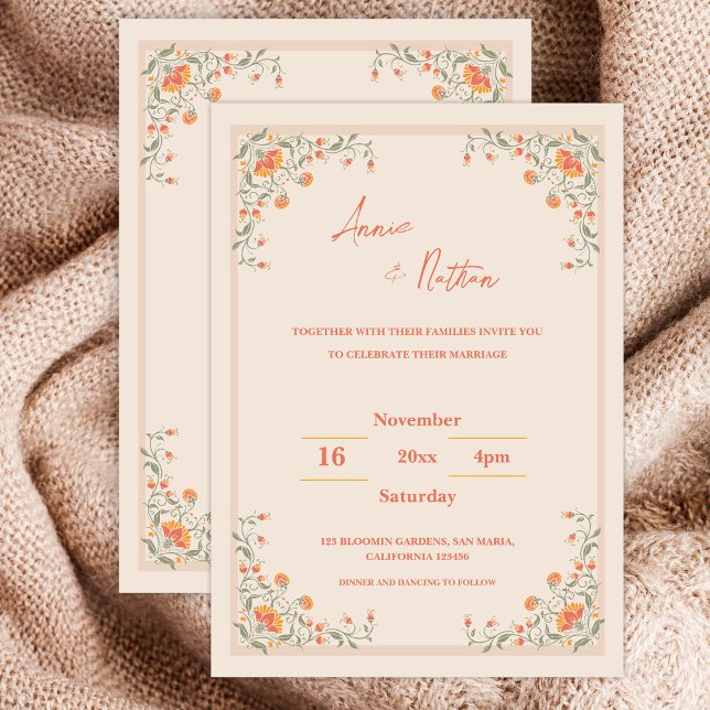 Elegant Orange Blommigt bröllopsinbjudan till Ram (Elegant Orange Floral Frame Wedding Invitation)