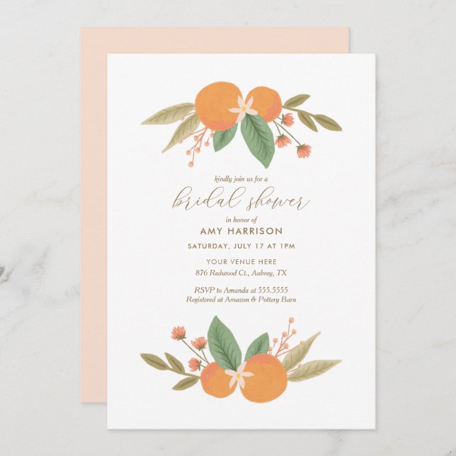 Elegant Orange Blommigt Citrus Möhippa Inbjudningar (Fram/baksida)