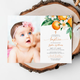 Elegant Orange Blommigt Fotodobaptism Inbjudningar