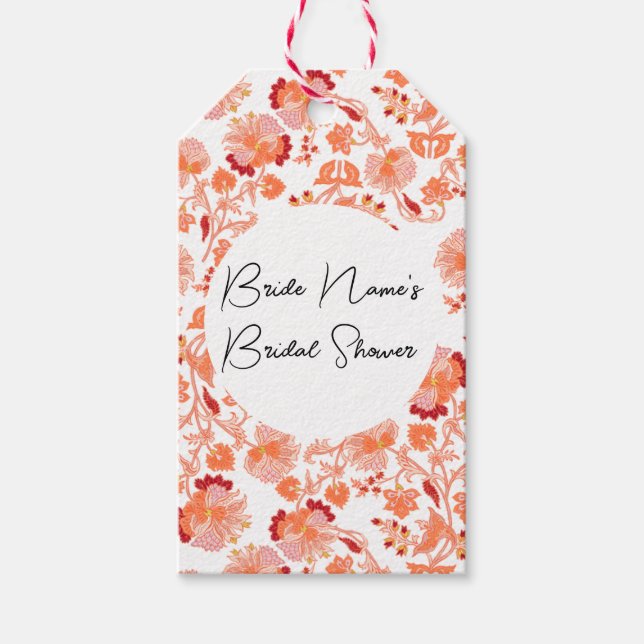 Elegant Orange Blommönstrad Bröllopsdusch Presentetikett (Framsidan)
