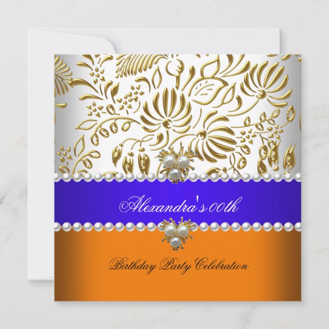Elegant Orange Blue Guld Damask Pearl Party Inbjudningar (Framsida)