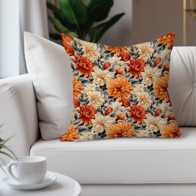 Elegant Orange Cream Teal Blommigt Kudde (Burnt orange and cream watercolor floral decorator pillow)