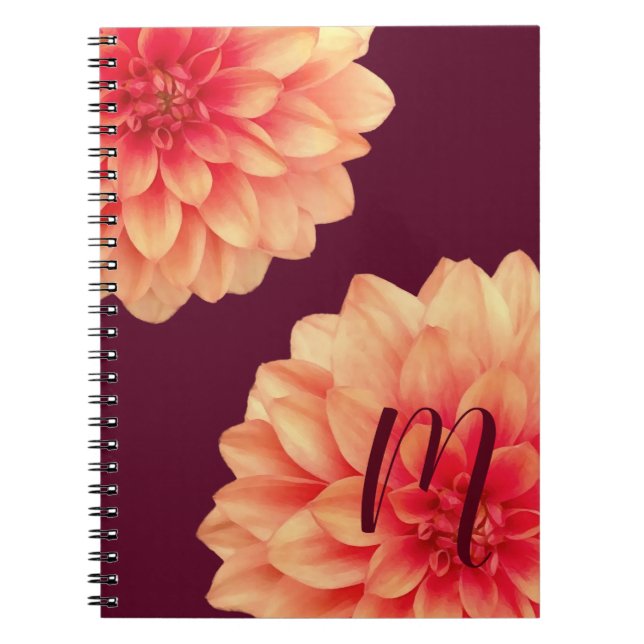 Elegant Orange Dahlias Flowers Burgundy Monogram Anteckningsbok (Framsidan)