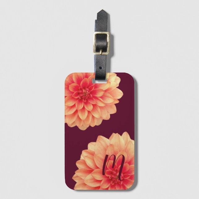Elegant Orange Dahlias Flowers Burgundy Monogram Bagagebricka (Framsida vertikal)