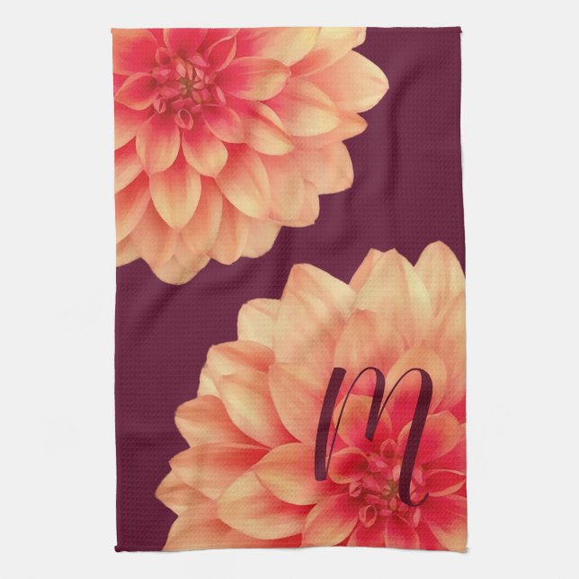 Elegant Orange Dahlias Flowers Burgundy Monogram   Kökshandduk (Vertikal)