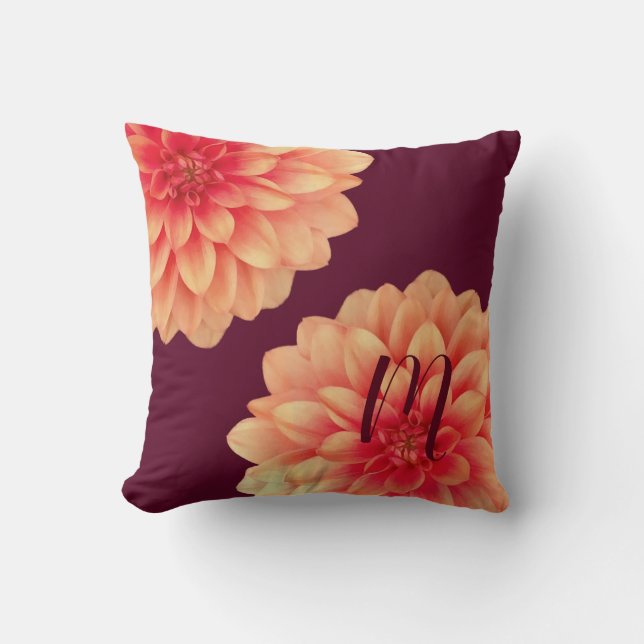 Elegant Orange Dahlias Flowers Burgundy Monogram Kudde (Framsida)