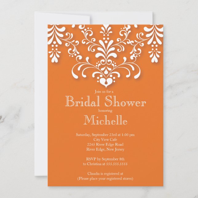 Elegant orange damask bröllopsfestinladning inbjudningar (Framsida)