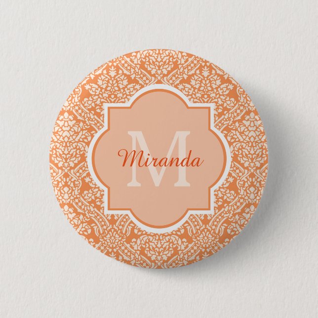 Elegant Orange Damask Mönster Monogram och Namn Knapp (Framsida)