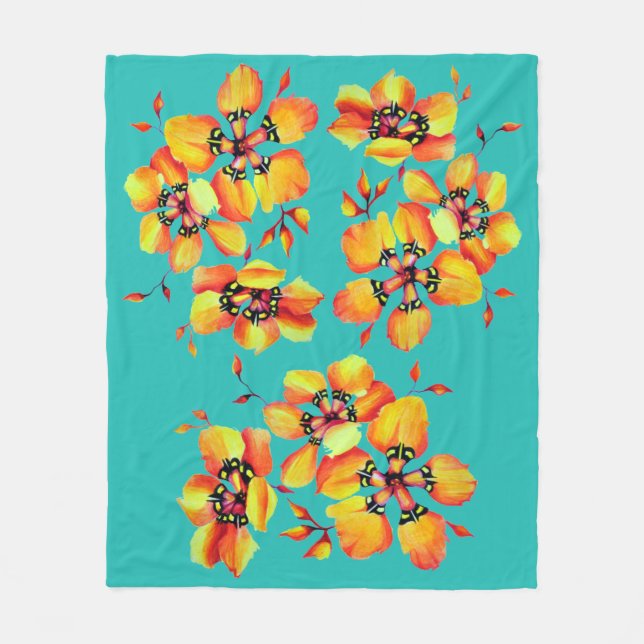 Elegant Orange Flowers - Aqua Fleecefilt (Framsidan)
