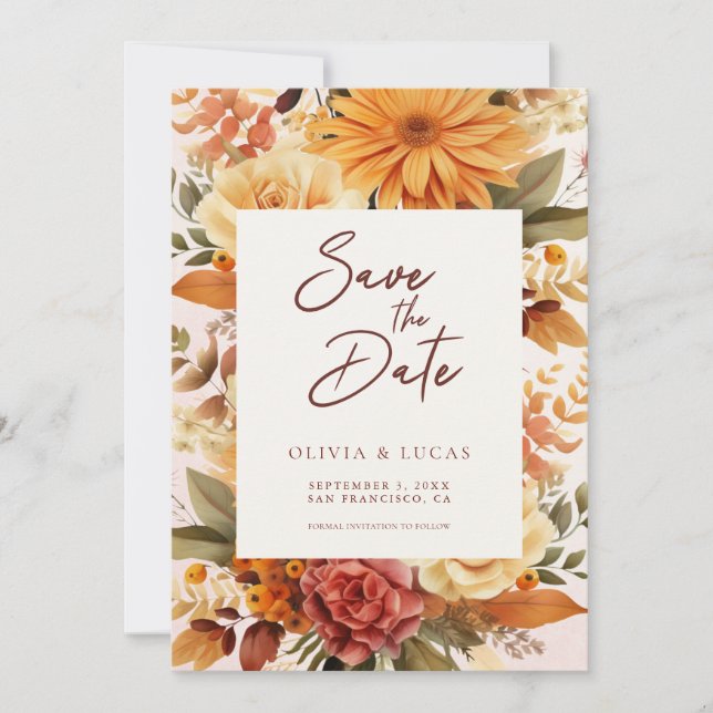 Elegant Orange Foto blomma Ram Bröllop Spara Datumet (Framsida)