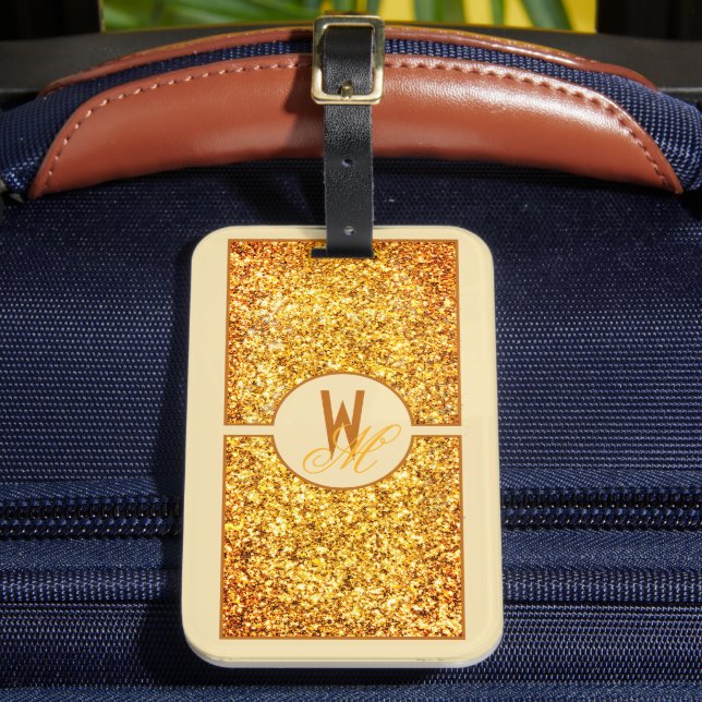 Elegant orange gul glittermonogram  bagagebricka (Framsida Insitu 2)