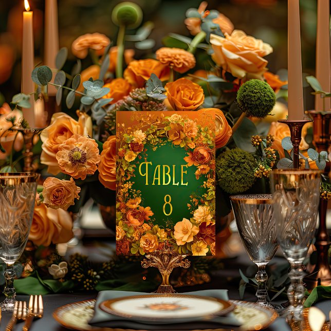 Elegant Orange Guld & Grönt Druid Backe Bröllop Bordsnummer (Floral Celtic Arch Gold and Green Wedding Table Number )