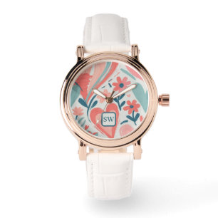 Elegant orange, kräm, blommigtens hjärtan armbandsur
