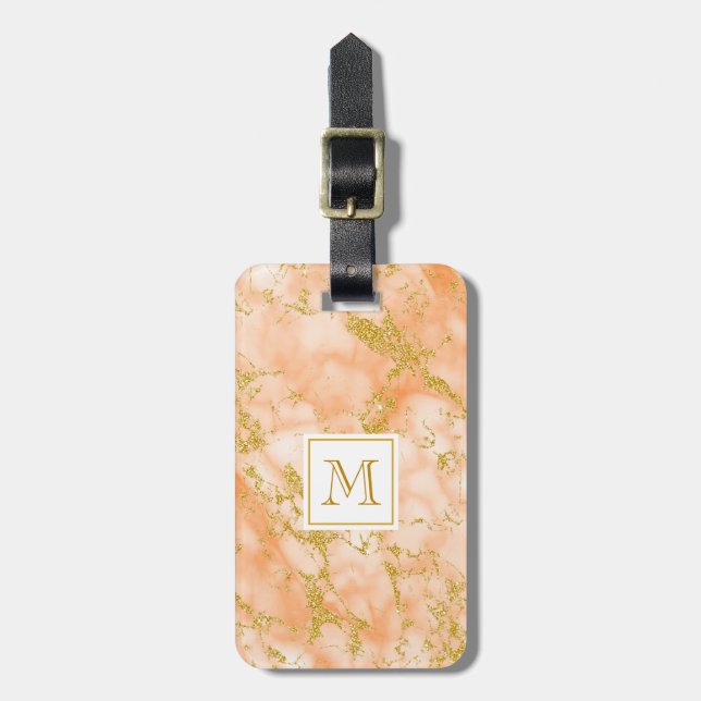 Elegant Orange Marble Monogram Faux Guld Glitter Bagagebricka (Vertikal Framsida)