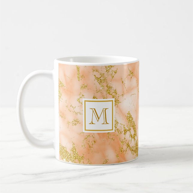 Elegant Orange Marble Monogram Faux Guld Glitter Kaffemugg (Vänster)