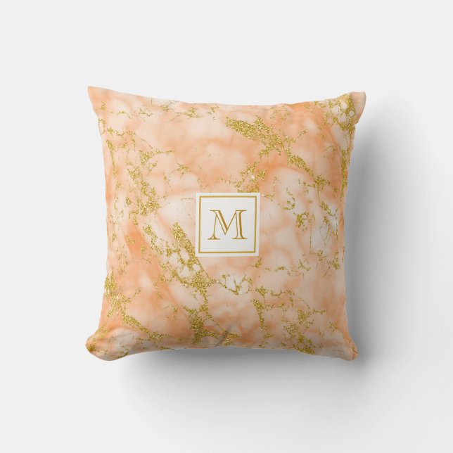 Elegant Orange Marble Monogram Faux Guld Glitter Kudde (Framsida)