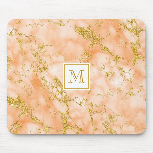 Elegant Orange Marble Monogram Faux Guld Glitter Musmatta (Framsidan)