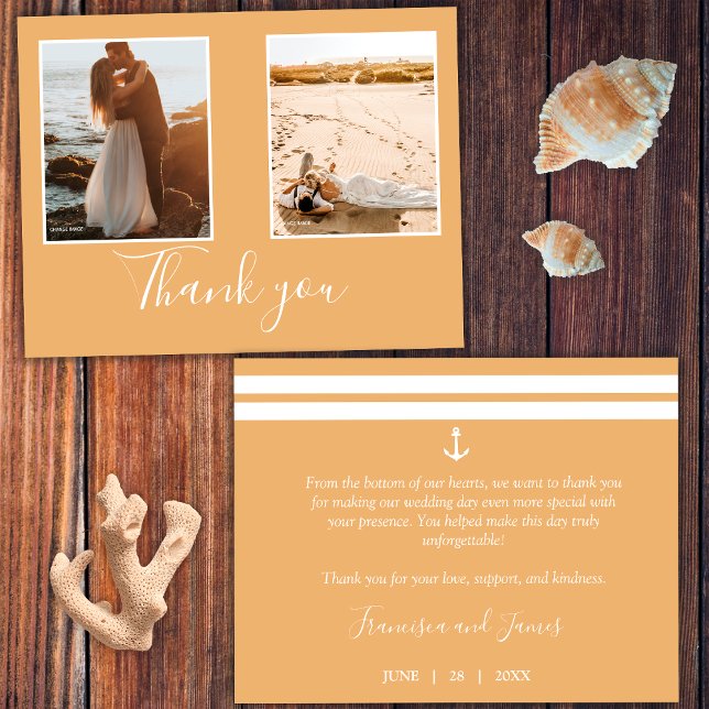 Elegant Orange Nautical Anchor Bröllop Photo Tack Kort (Front and Back)