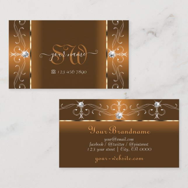 Elegant Orange och Brown Squiggled Jewels Monogram Visitkort (Fram/baksida)